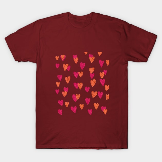 red and orange hearts T-Shirt by Pacesyte